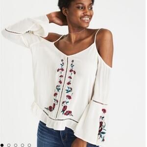 American Eagle AE Cream Floral Embroidery Cold Shoulder Flounce Sleeves Blouse M